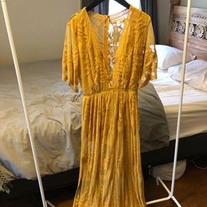 Yellow lace maxi dress.